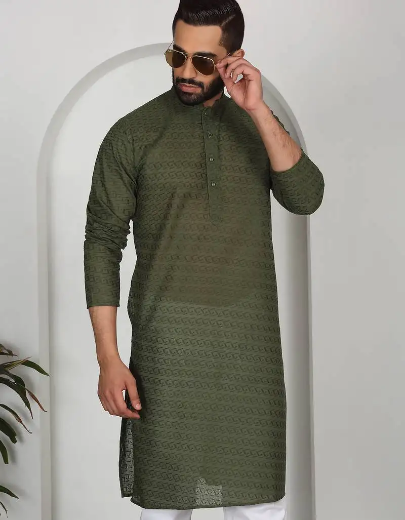 Chikankari embroidered cotton green kurta