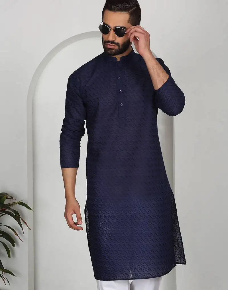Chikankari embroidered cotton navy blue kurta