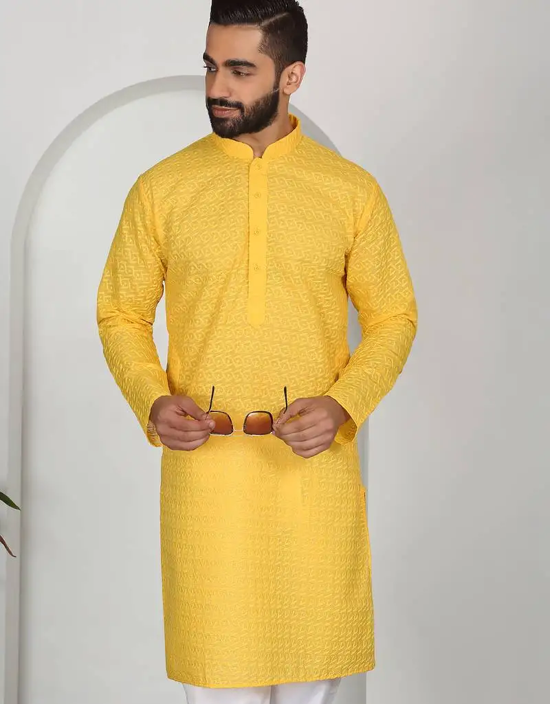 Chikankari embroidered cotton yellow kurta