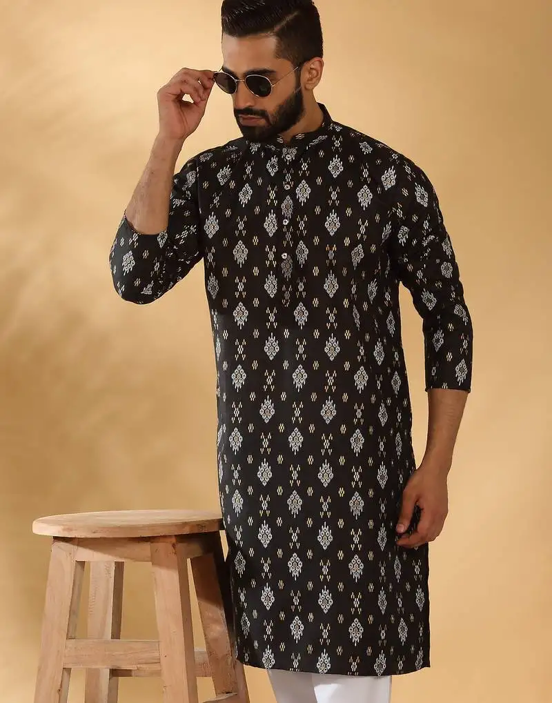 Cotton blend geometric printed black kurta