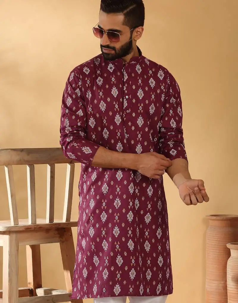 Cotton blend geometric printed maroon kurta
