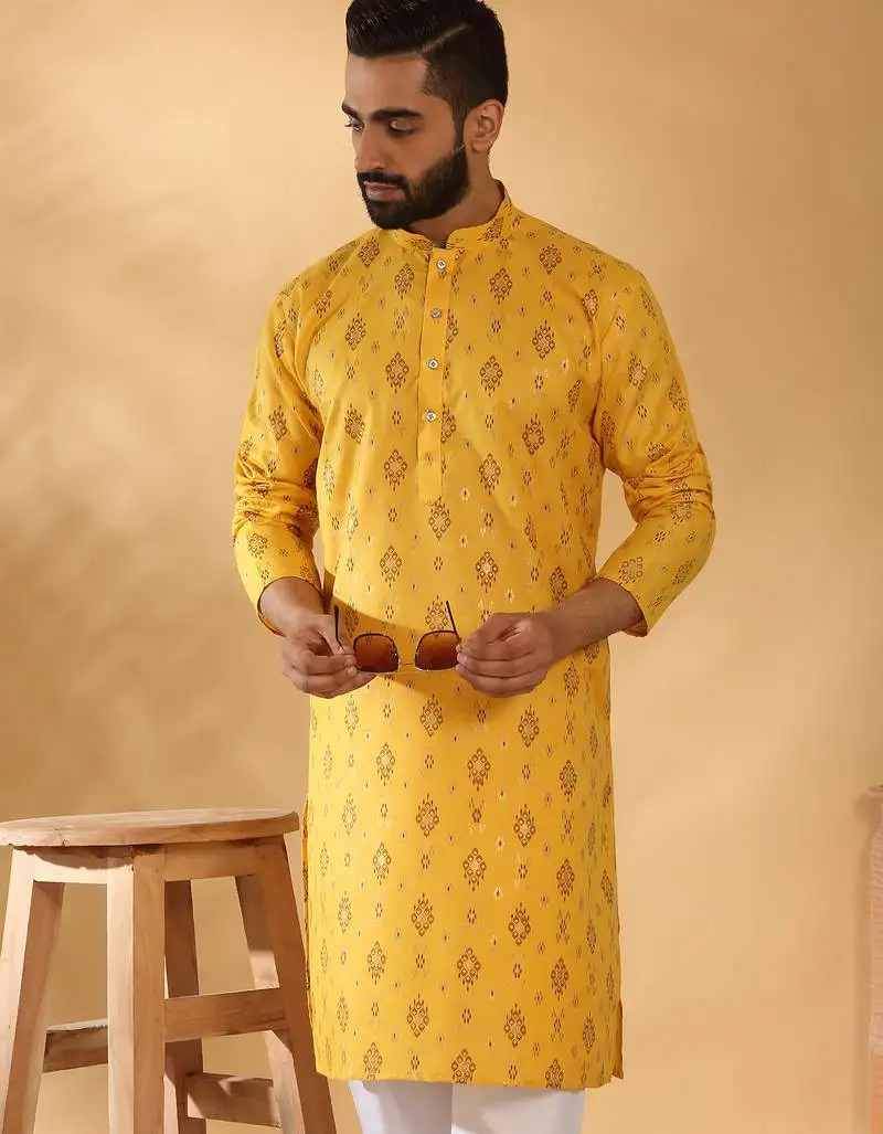 Cotton blend geometric printed yellow kurta