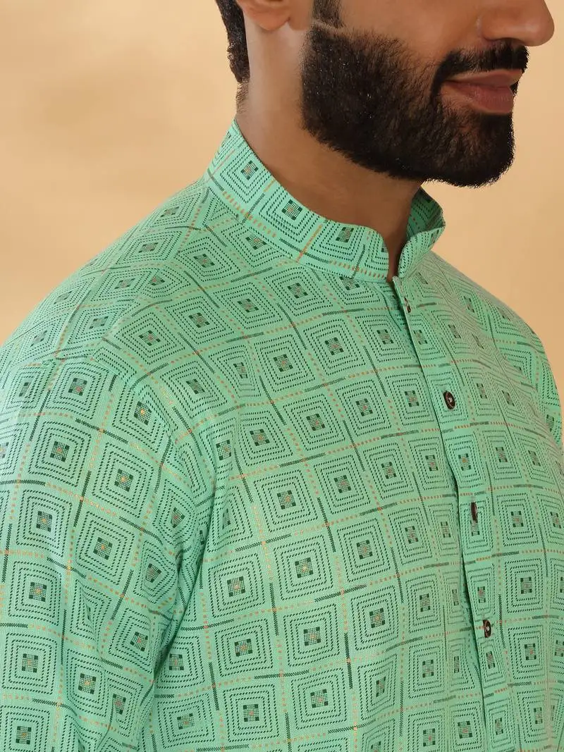 Cotton blend floral printed green kurta