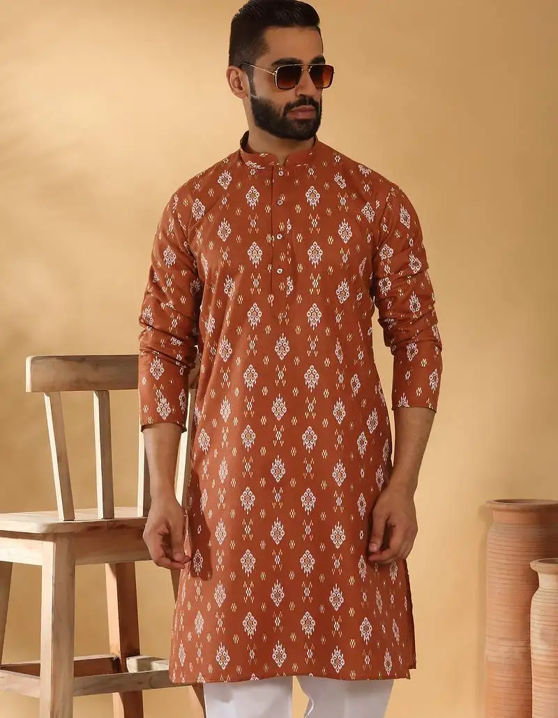 Cotton blend geometric printed rust kurta