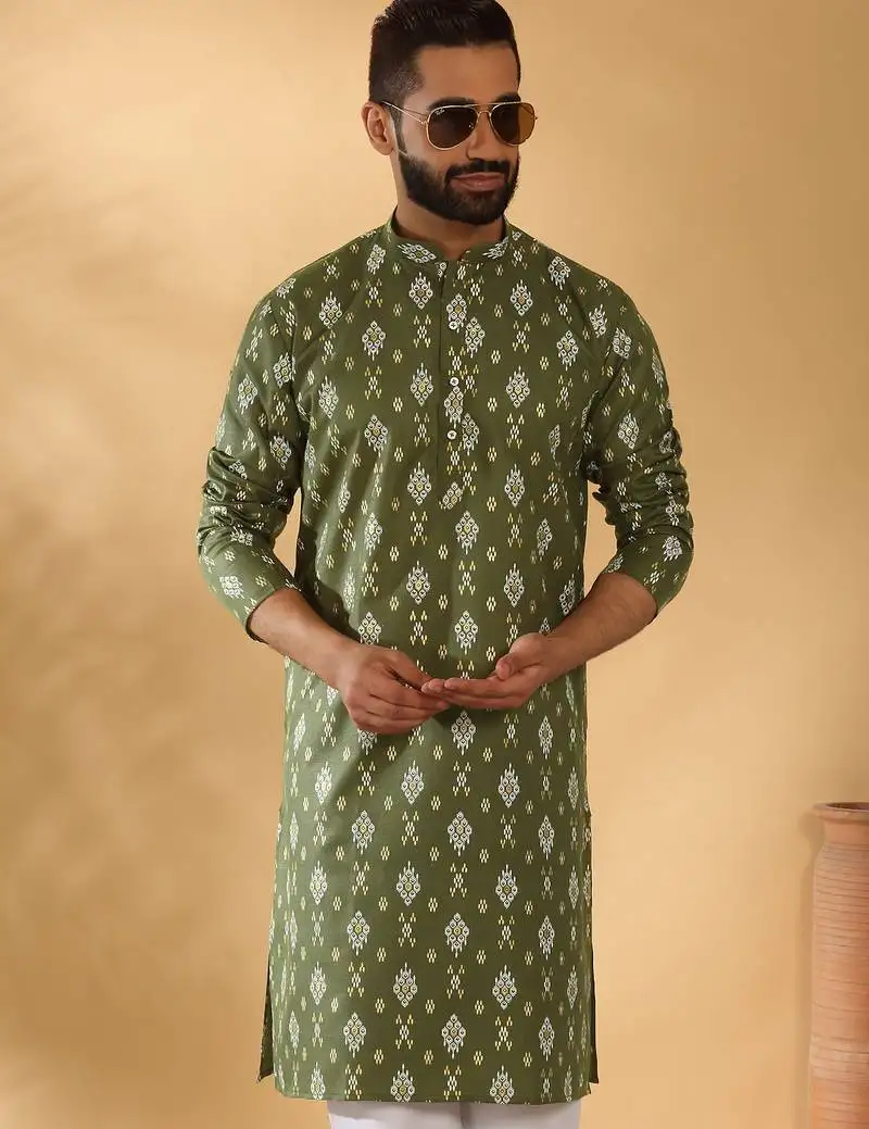 Cotton blend geometric printed green kurta