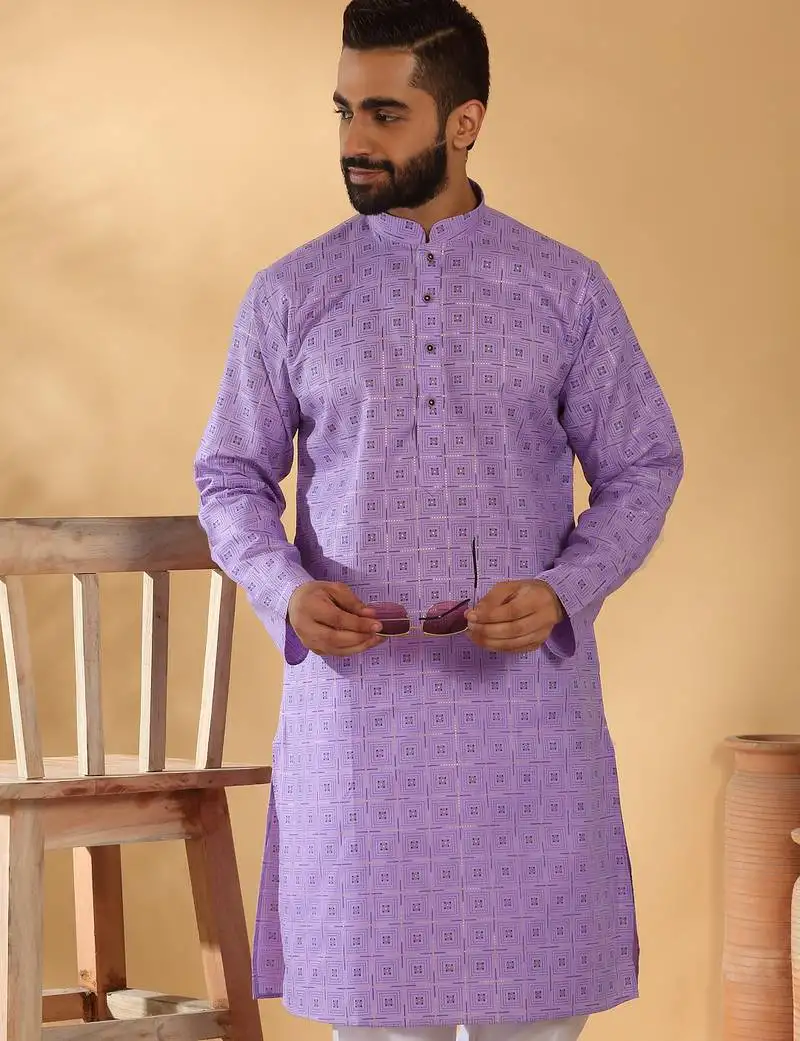 Cotton blend floral printed purple kurta