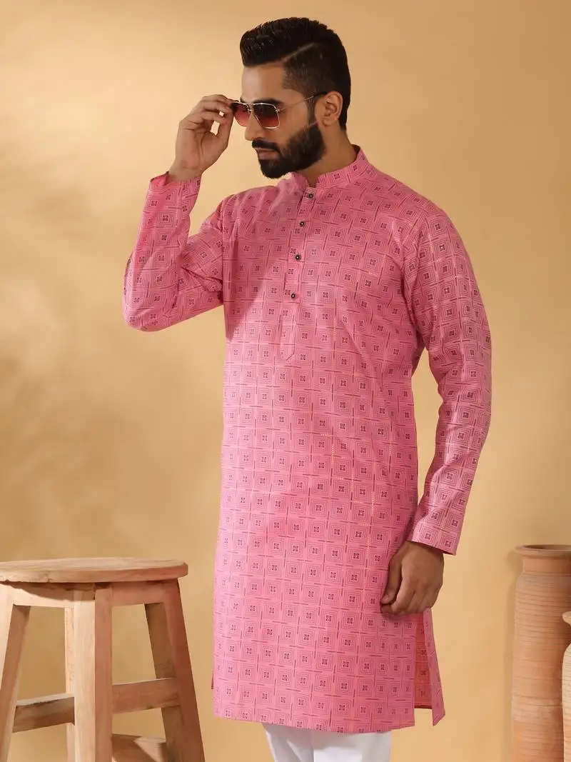 Cotton blend floral printed pink kurta