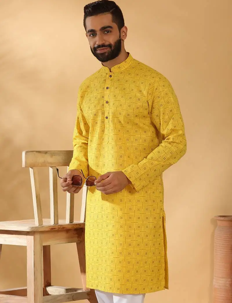 Cotton blend floral printed yellow kurta