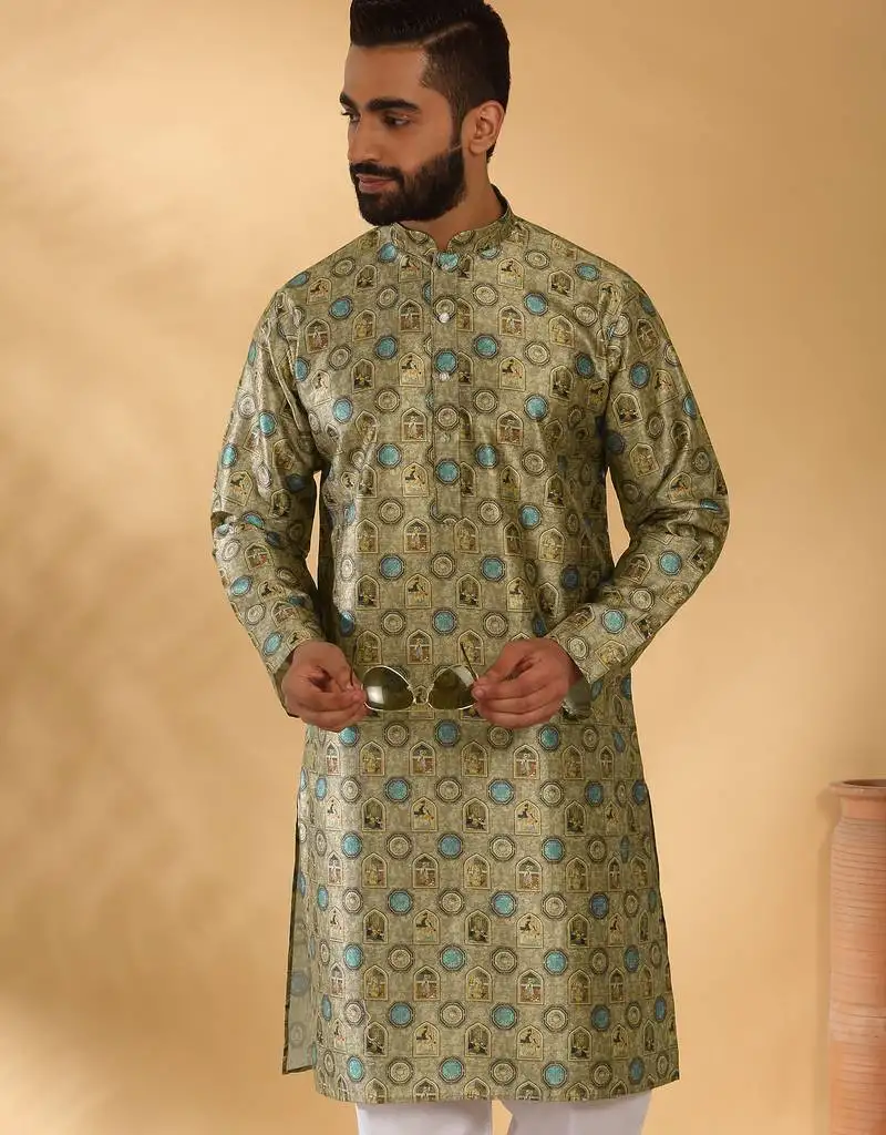 Silk blend abstract printed green kurta
