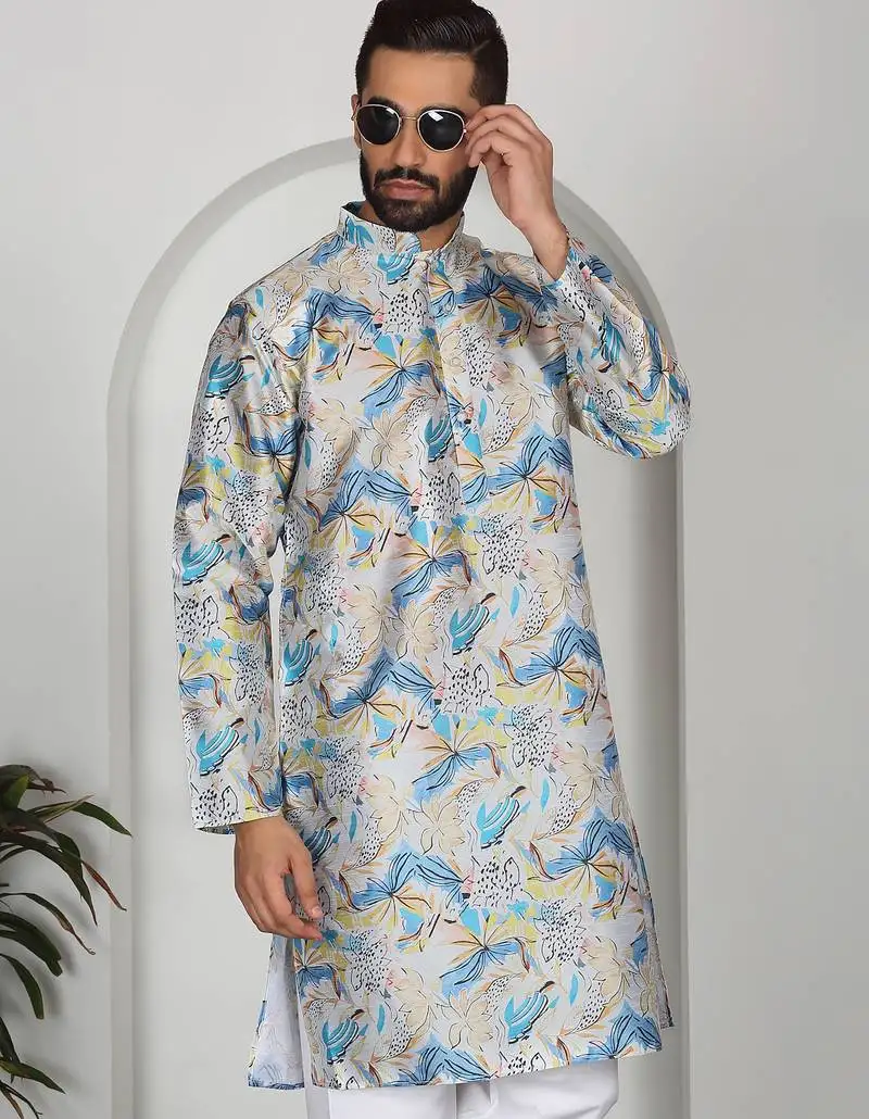 Silk blend floral printed blue kurta