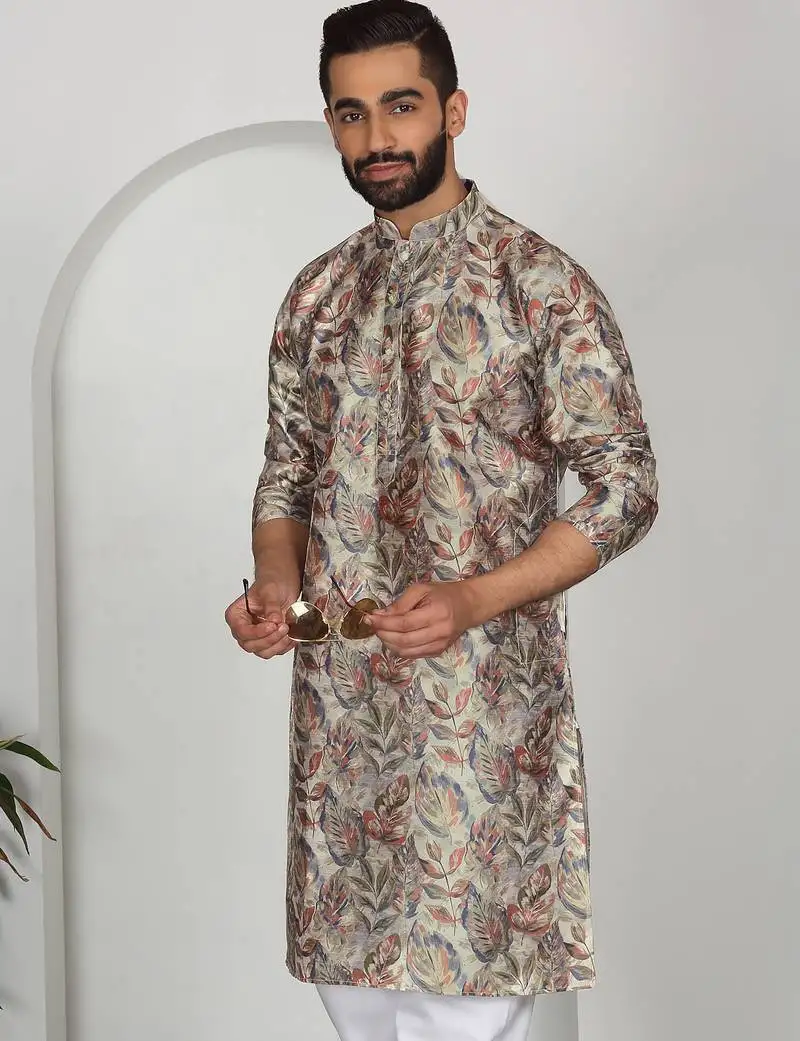 Silk blend floral printed beige kurta