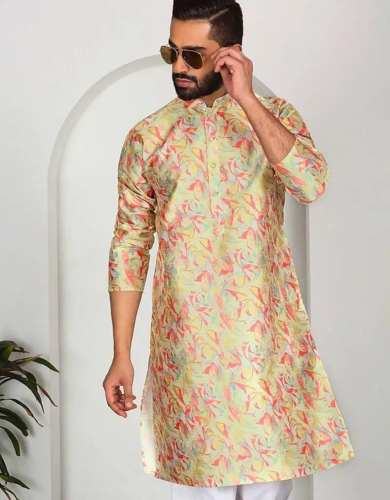 Silk blend floral printed lime yellow kurta
