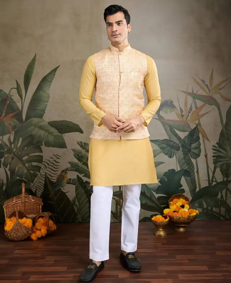 Yellow viscose silk sequence with self weaving jacquard design work kurta with koti