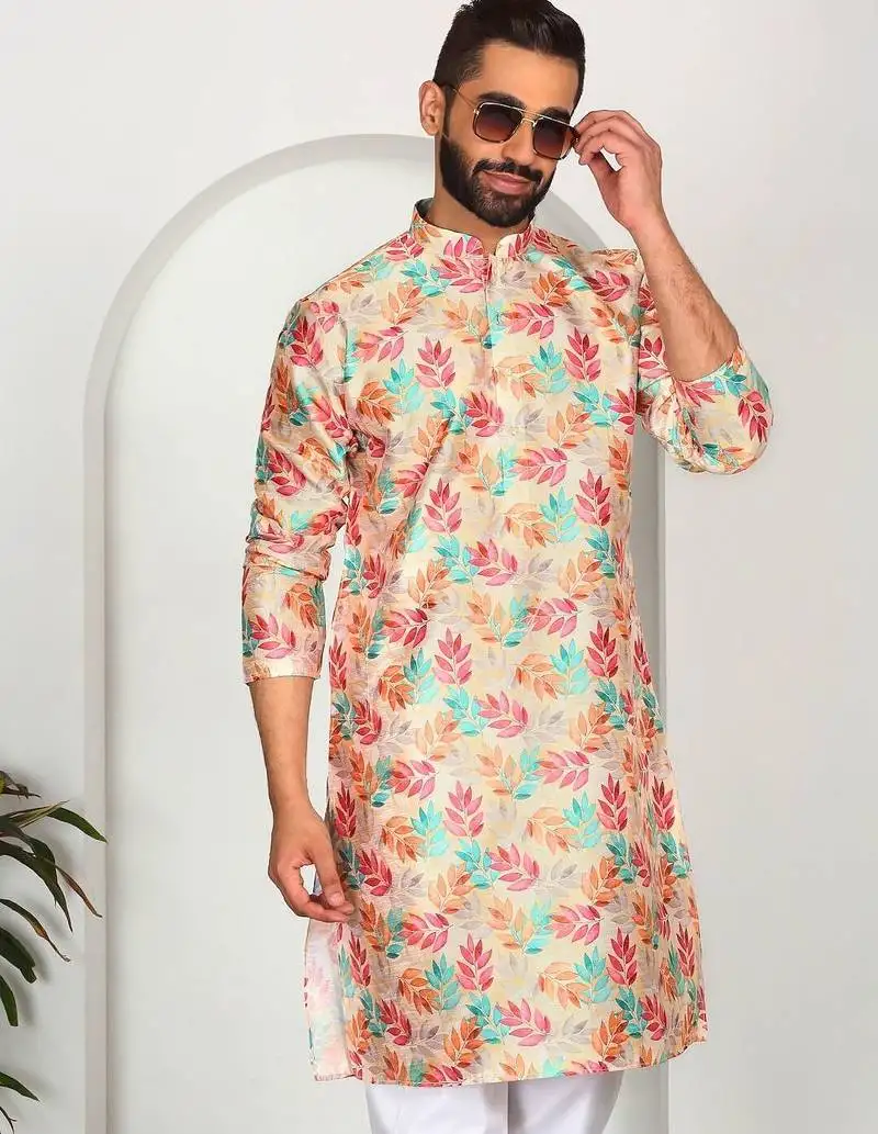 Silk blend floral printed yellow kurta
