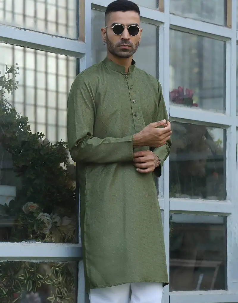 Cotton blend woven self desing olive green kurta