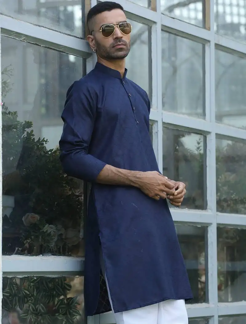 Cotton blend woven self desing navy blue kurta