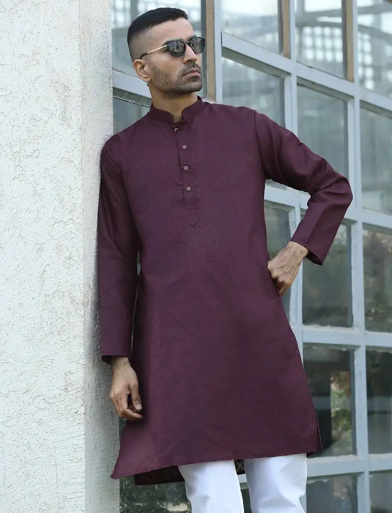 Cotton blend woven self desing purple kurta