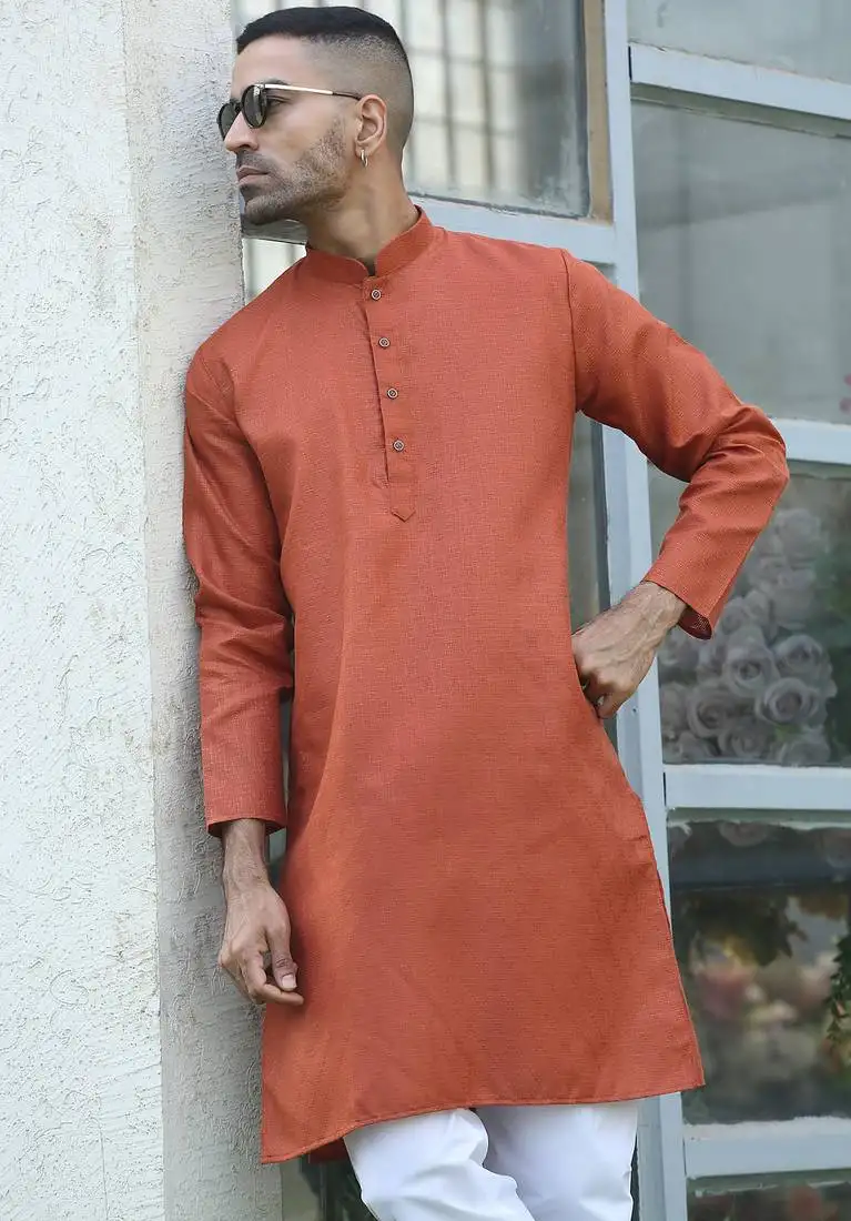 Cotton blend woven self desing rust kurta