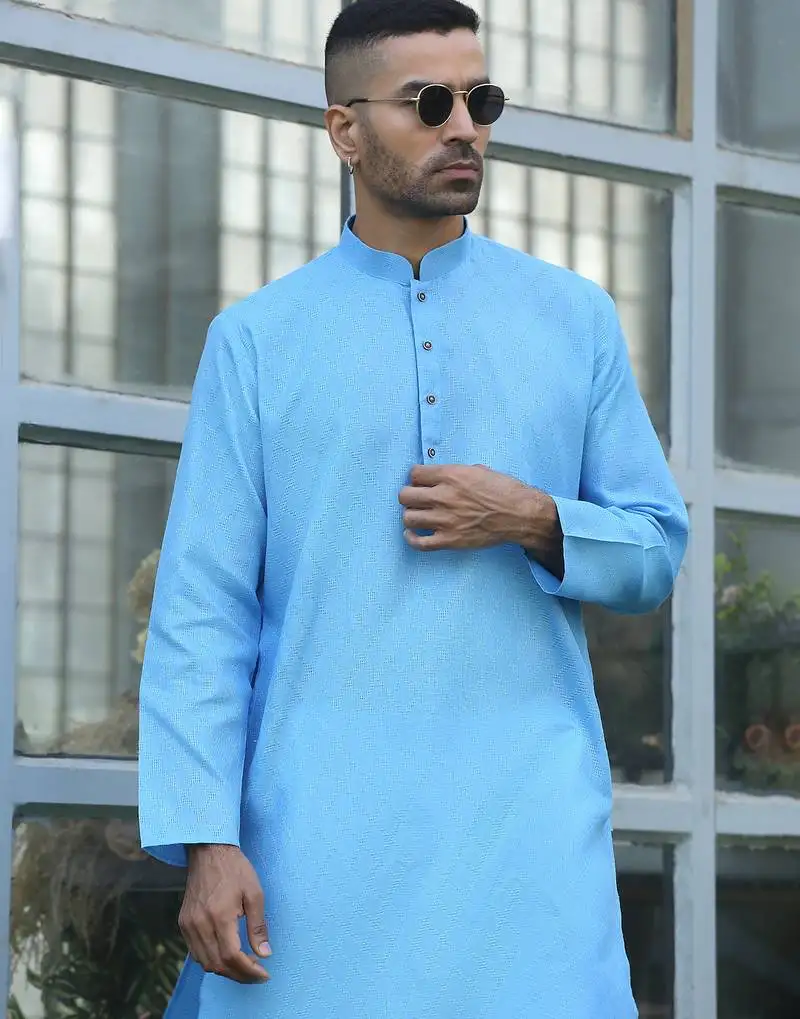 Cotton blend woven self desing sky blue kurta