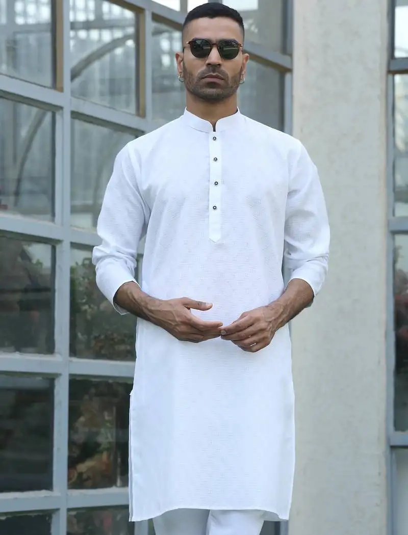 Cotton blend woven self desing white kurta