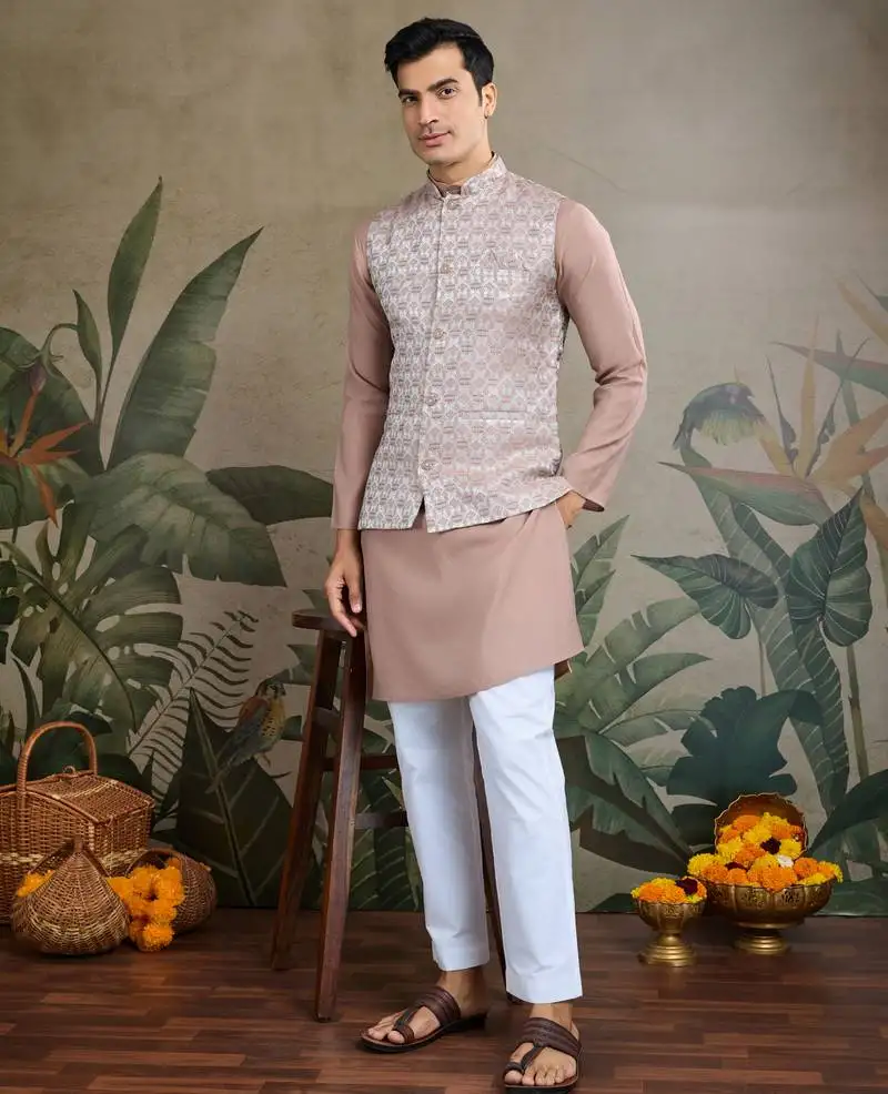 Ivory viscose silk sequence with self weaving jacquard design work kurta with koti for men