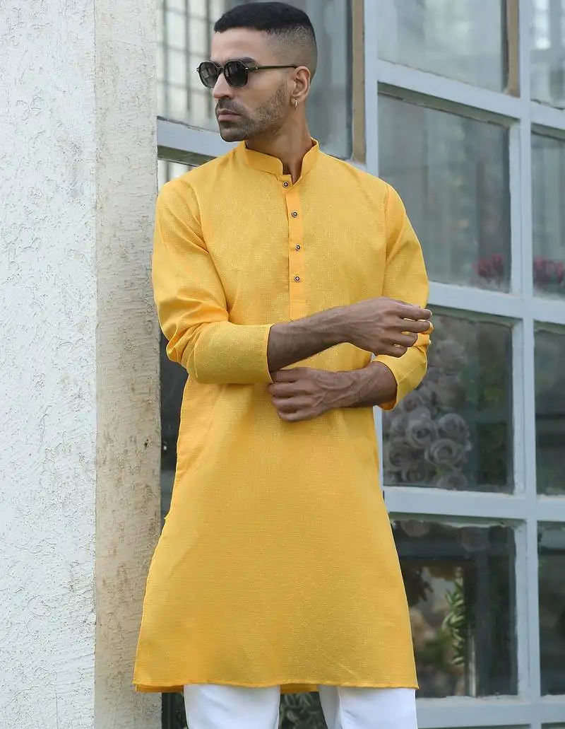 Cotton blend woven self desing yellow kurta