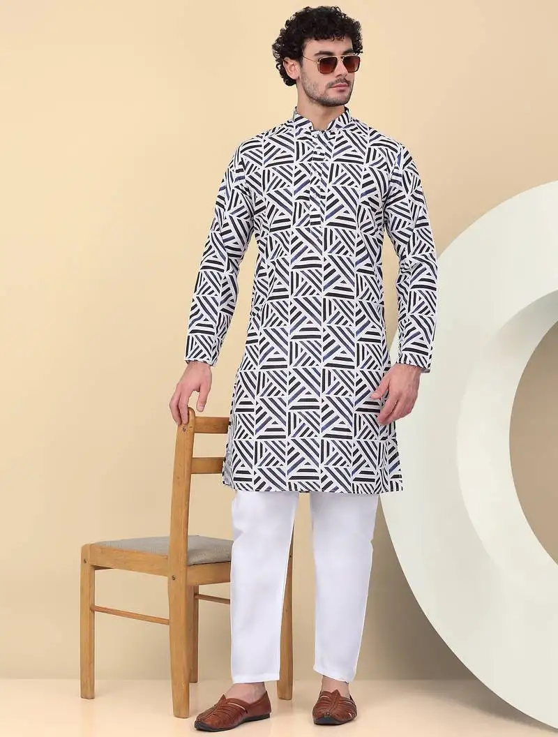 Men cotton blue and white geometric printed kurta