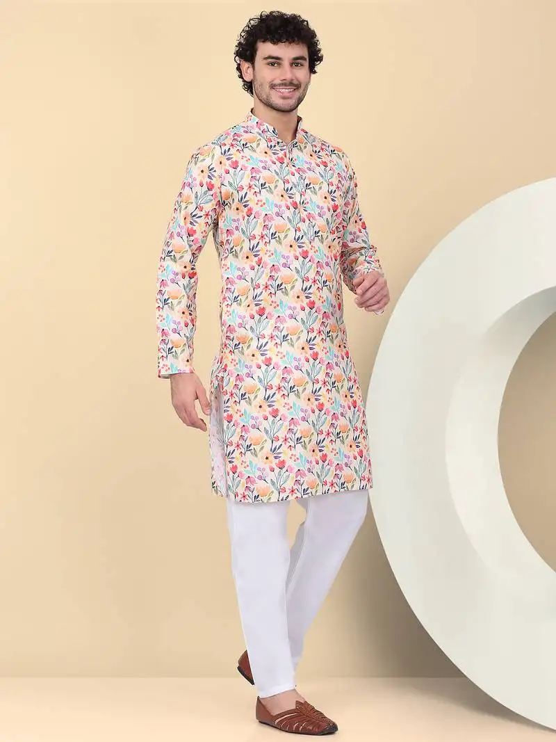 Men linen beige floral printed kurta