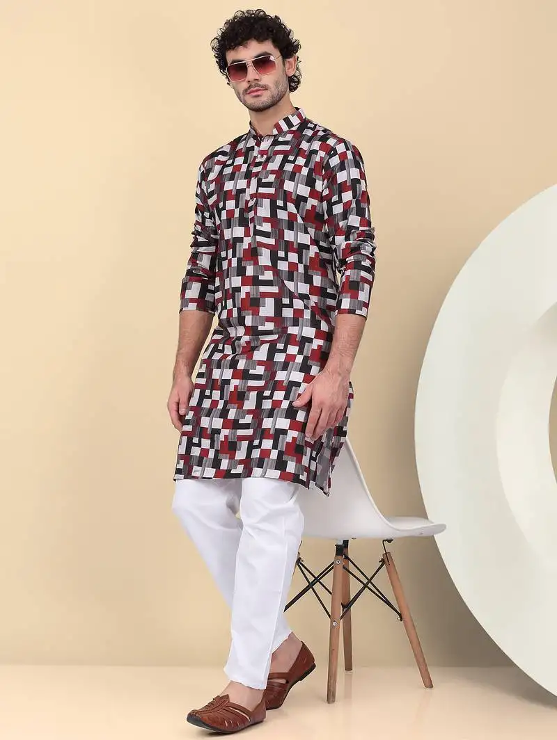Men cotton maroon and black geometric printed kurta