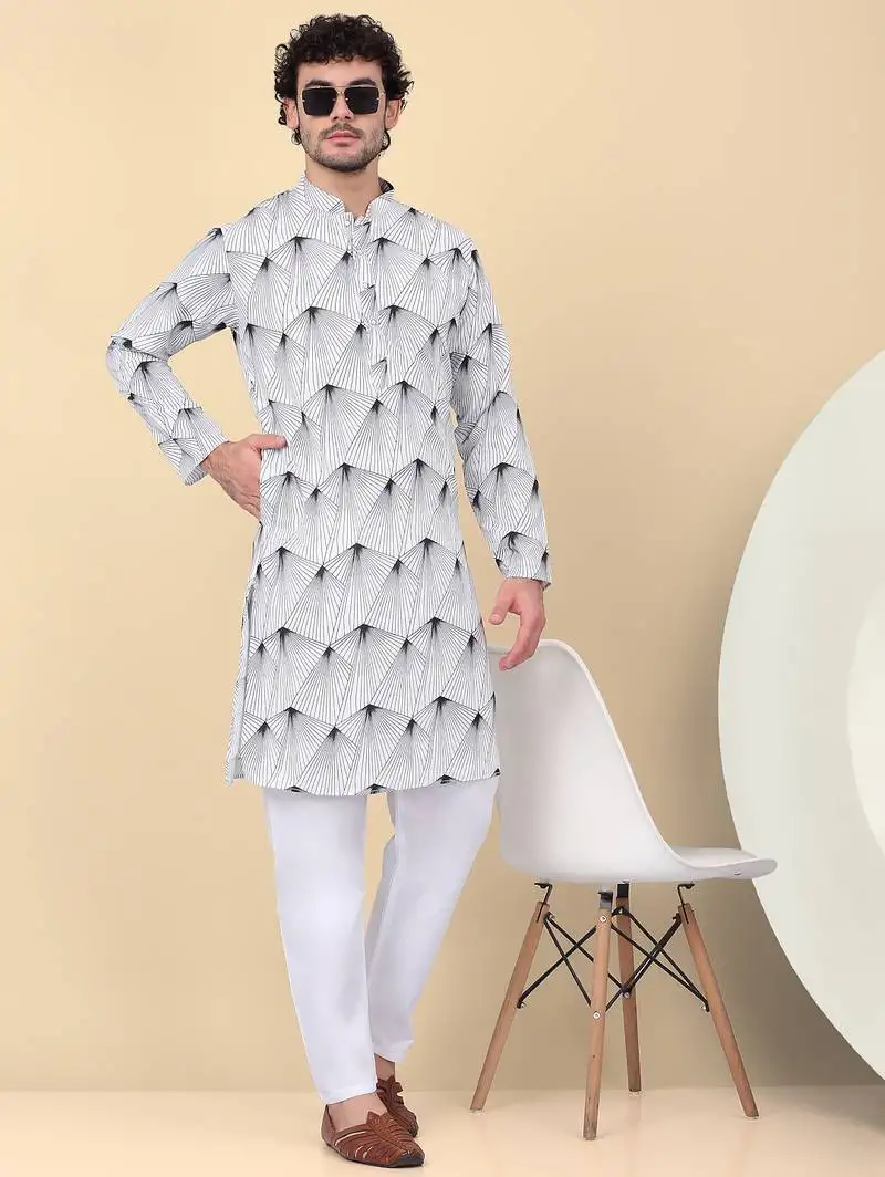 Men cotton white and black geometric printed kurta