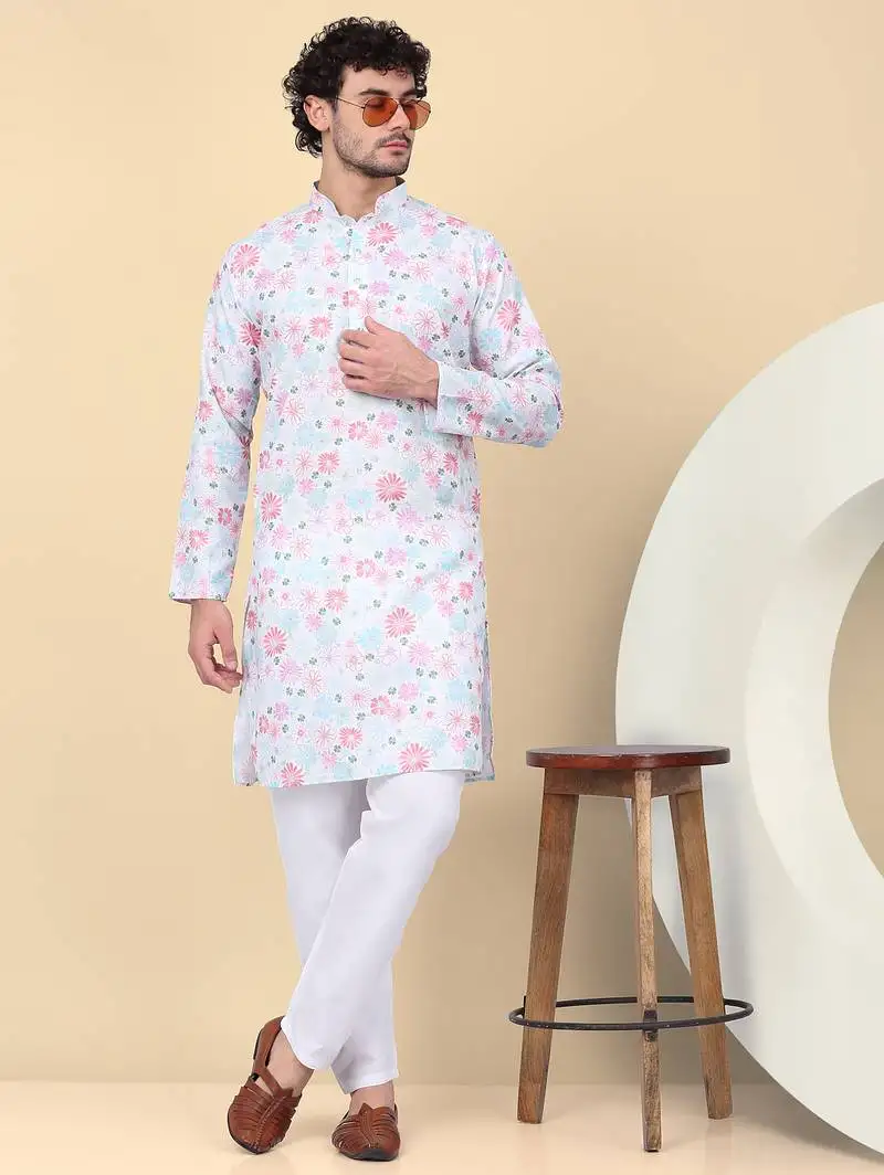 Men linen cream floral printed kurta