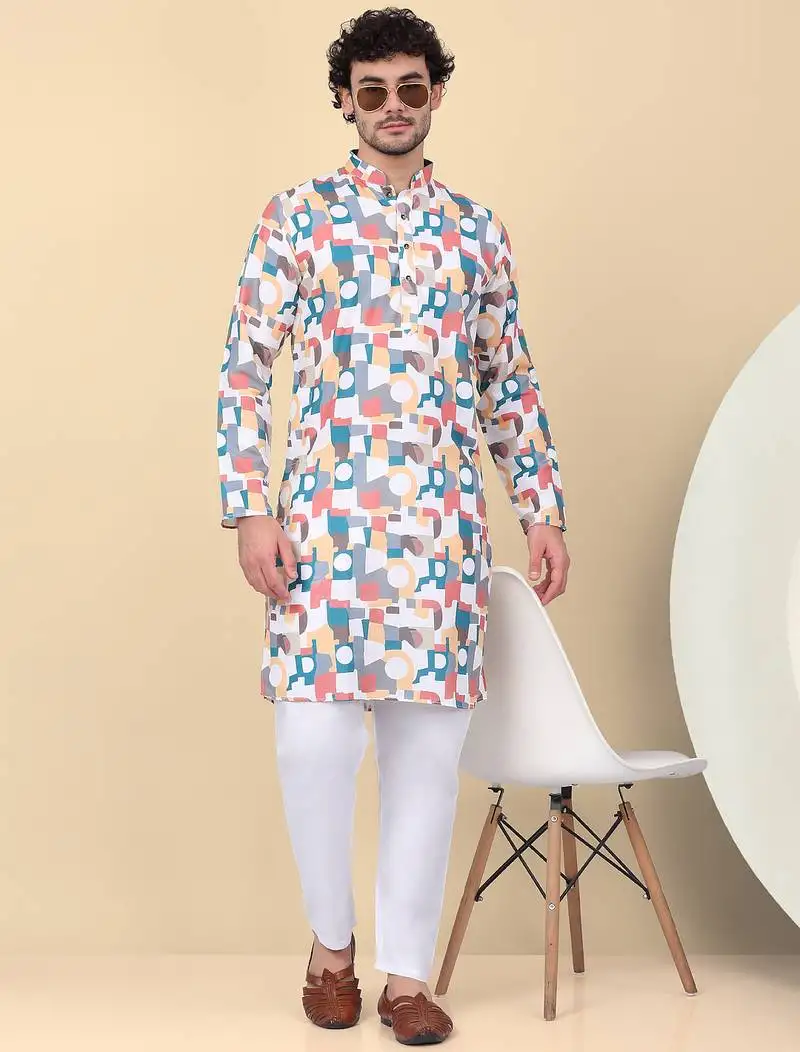 Men cotton multicolor and white geometric printed kurta