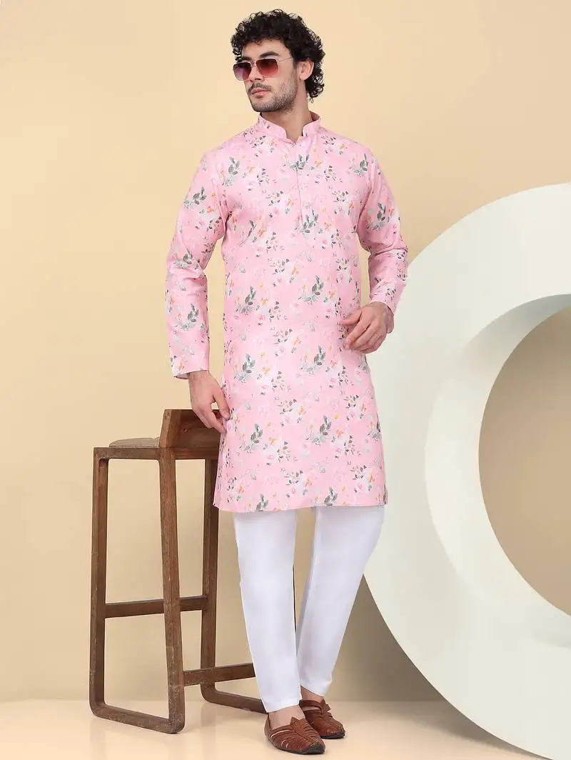 Men linen pink floral printed kurta