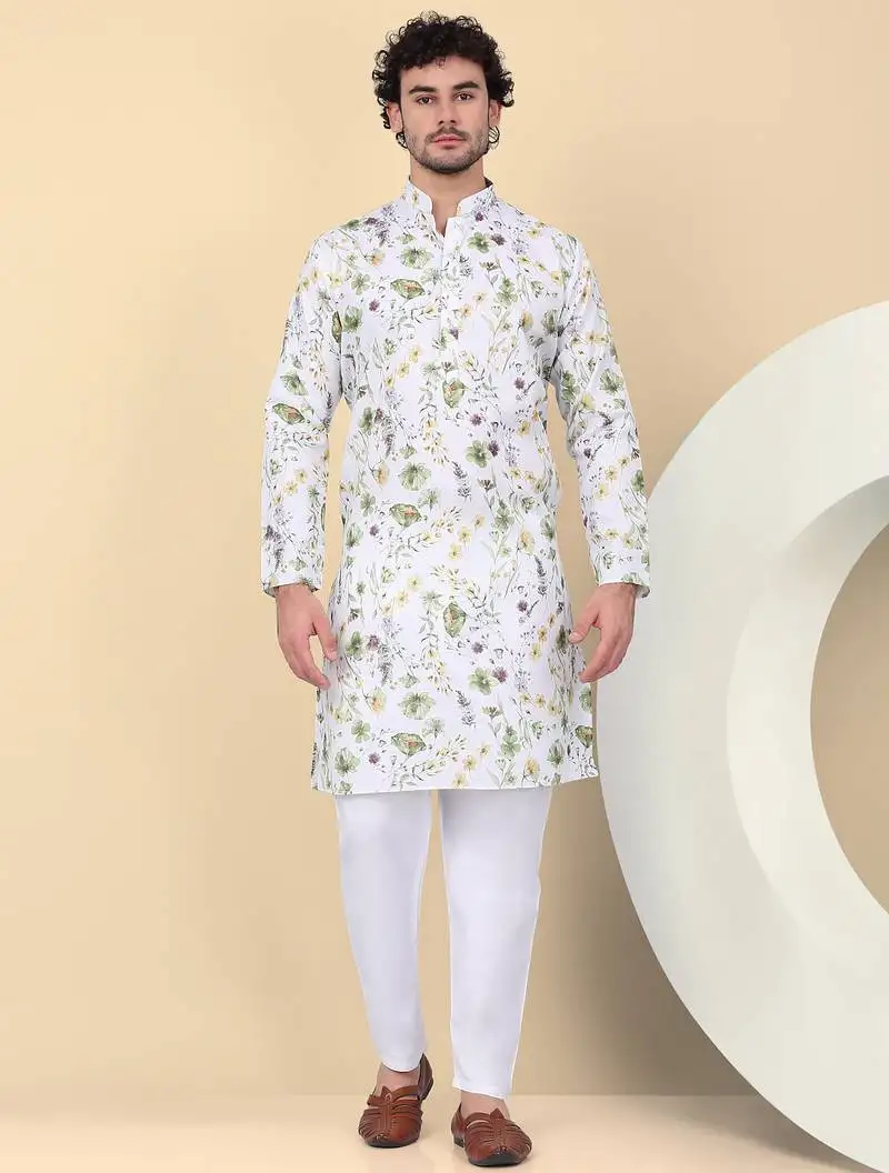 Men linen white floral printed kurta