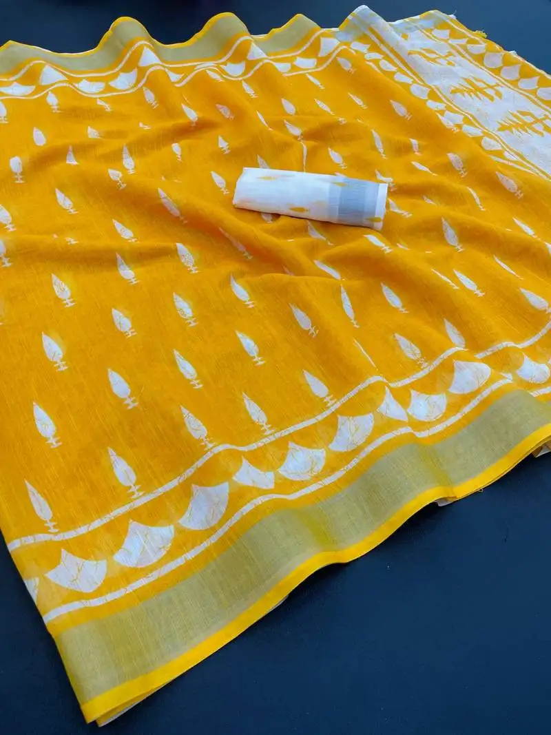 Yellow linen cotton digital print saree with tassel pallu