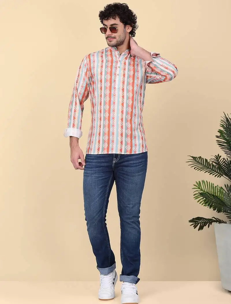 Men cotton orange ethnic motifs short kurta