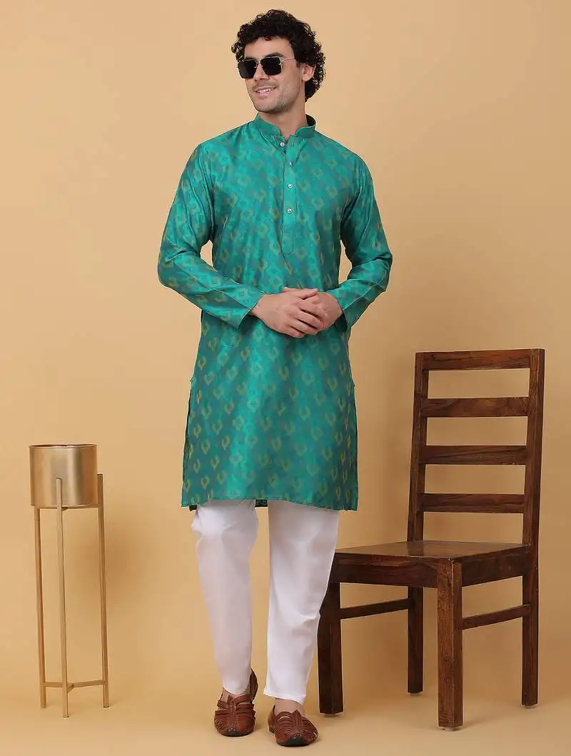Men green silk blend jacquard kurta