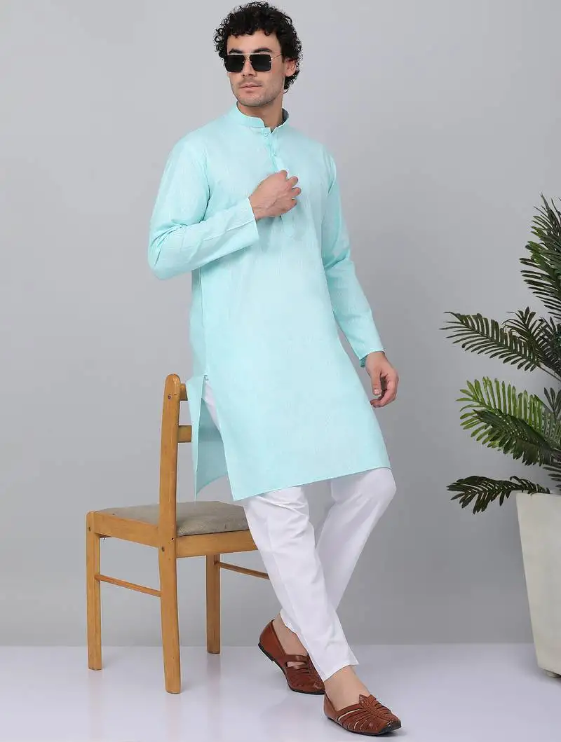 Men aqua blue linen solid kurta
