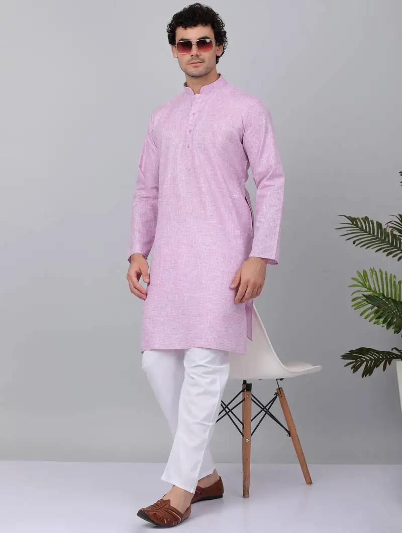 Men purple linen solid kurta