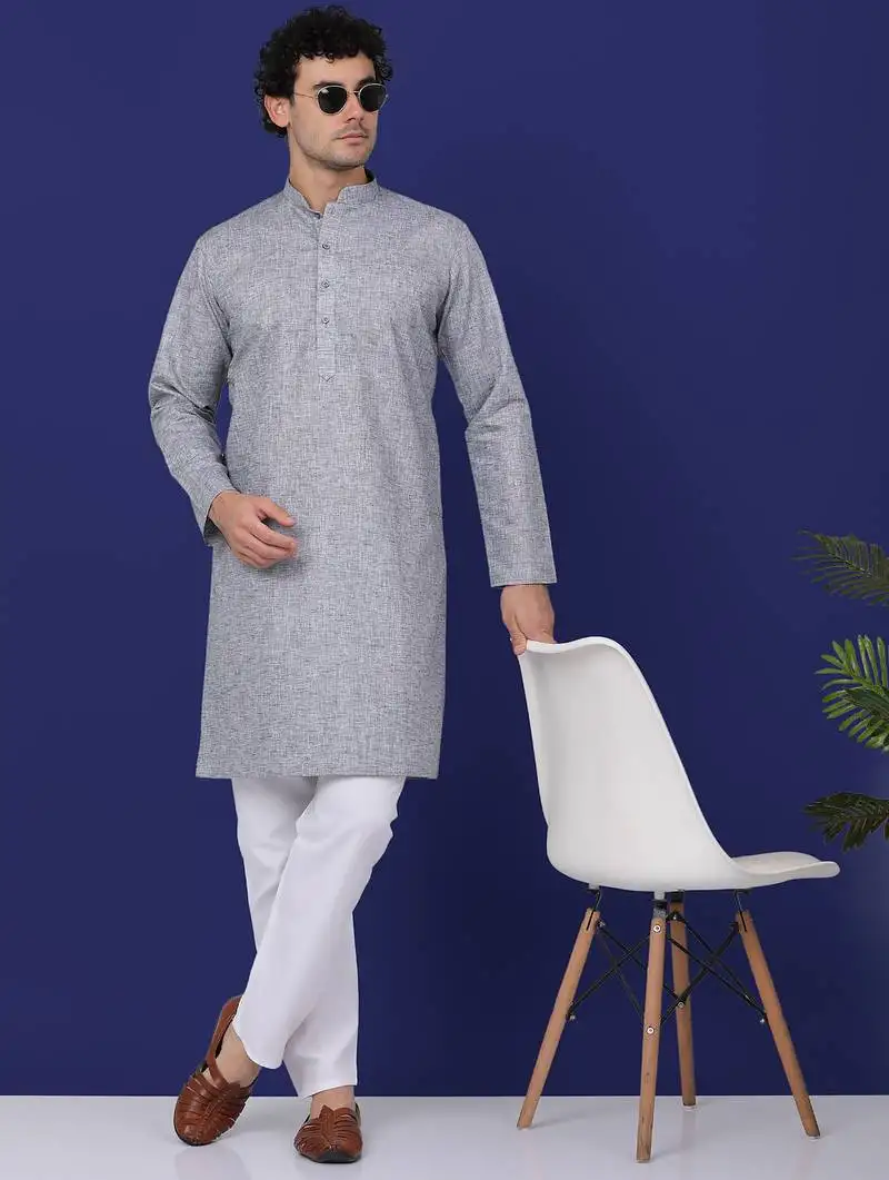 Men grey linen solid kurta