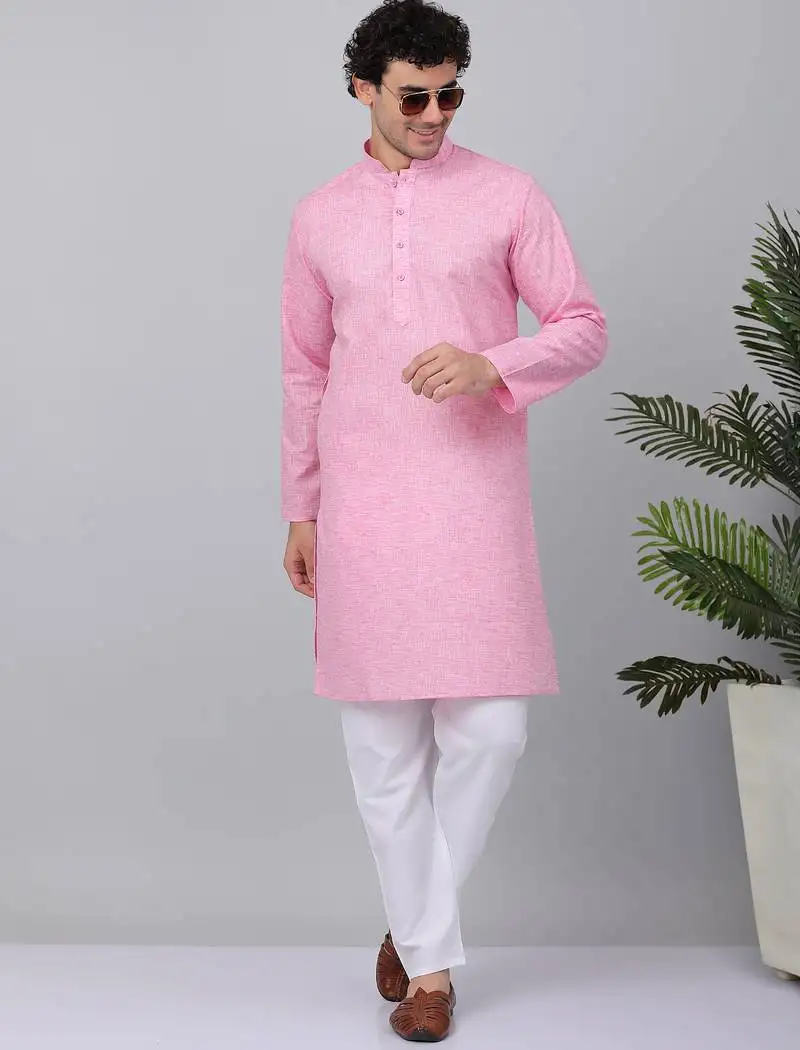 Men pink linen solid kurta