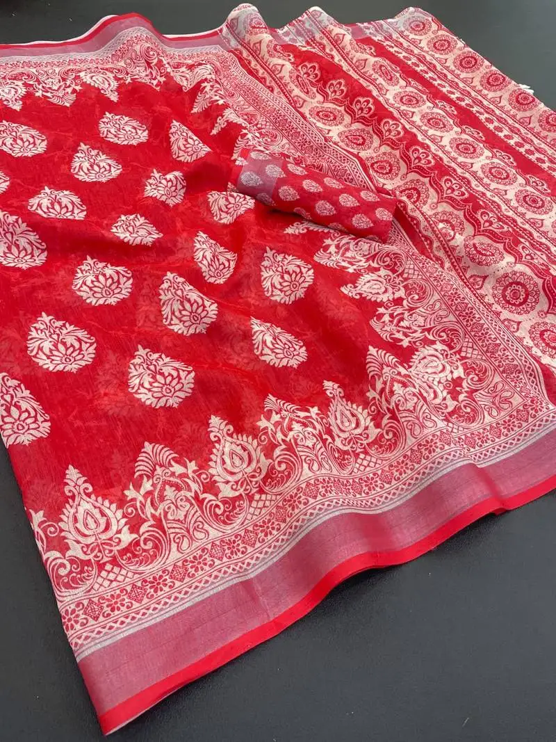 Red linen cotton digital print saree with tassel pallu