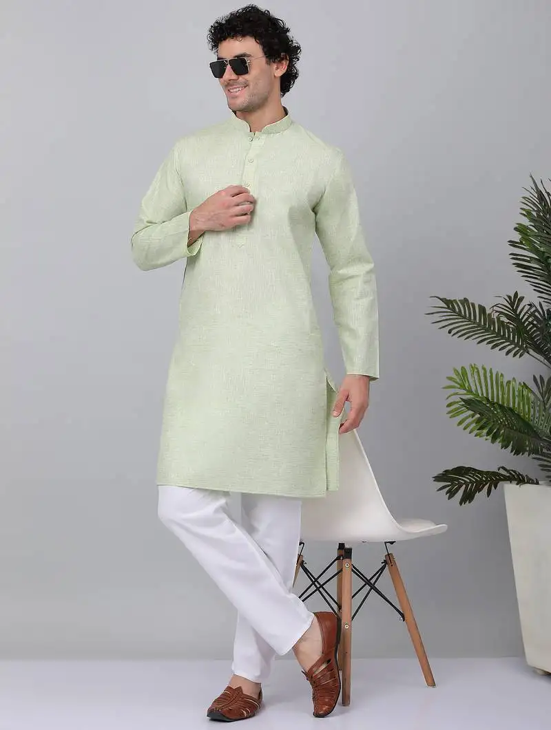 Men green linen solid kurta