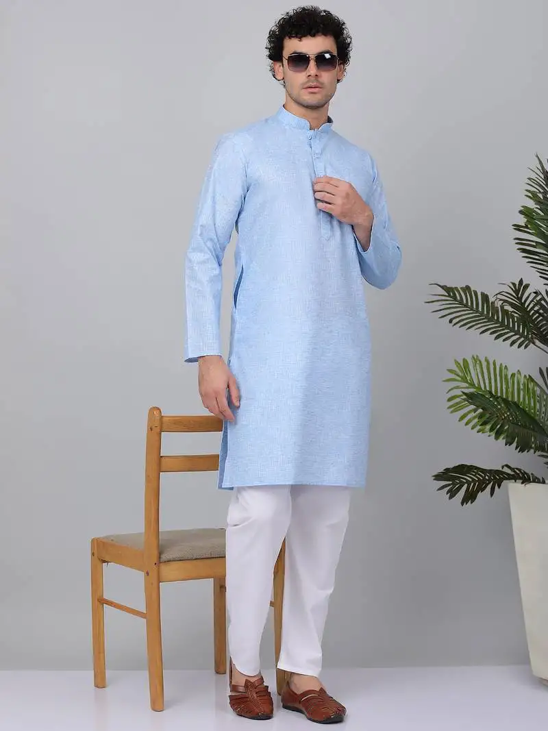 Men sky blue linen solid kurta