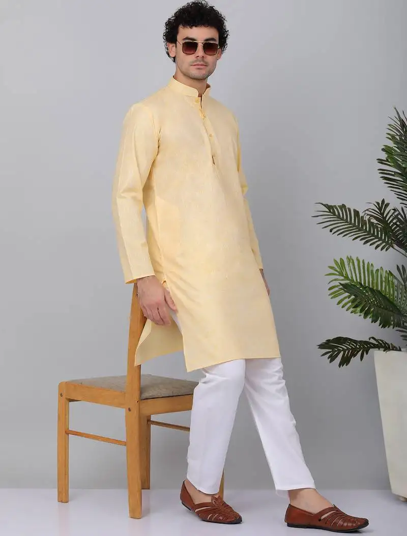 Men yellow linen solid kurta