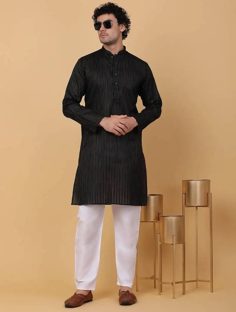 Men black pure cotton striped knee length kurta