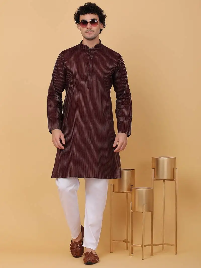 Men maroon pure cotton striped knee length kurta