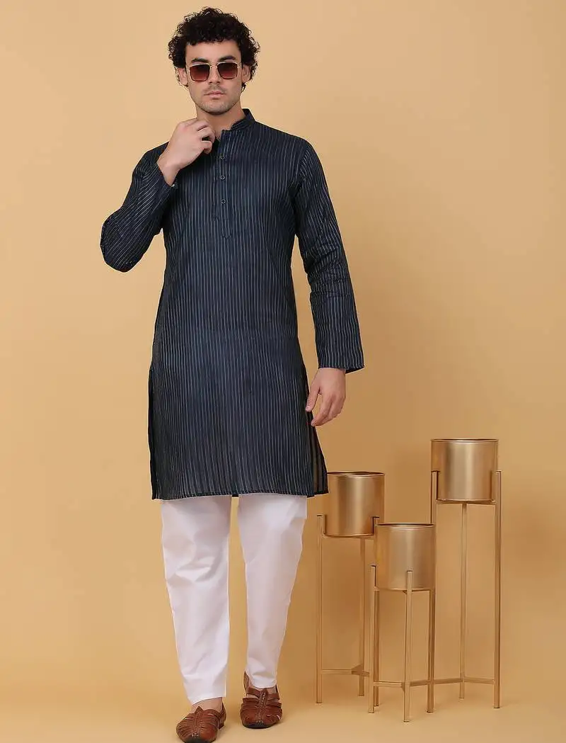 Men navy blue pure cotton striped knee length kurta
