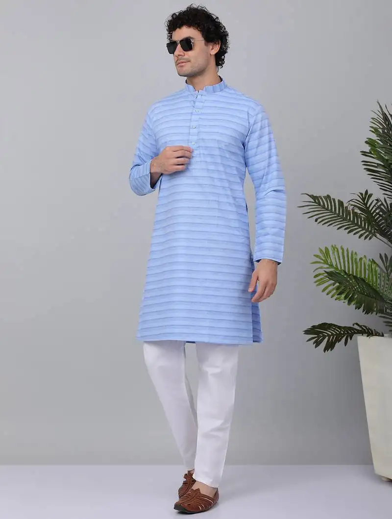 Men blue cotton striped kurta