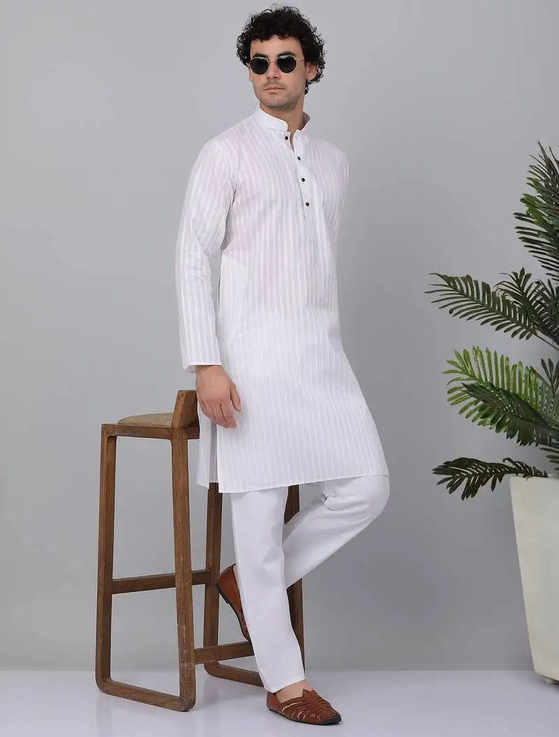 Men white pure cotton striped knee length kurta